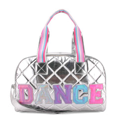 OMG ACCESSORIES "DANCE" QUILTED METALLIC SILVER MEDIUM DUFFLE BAG