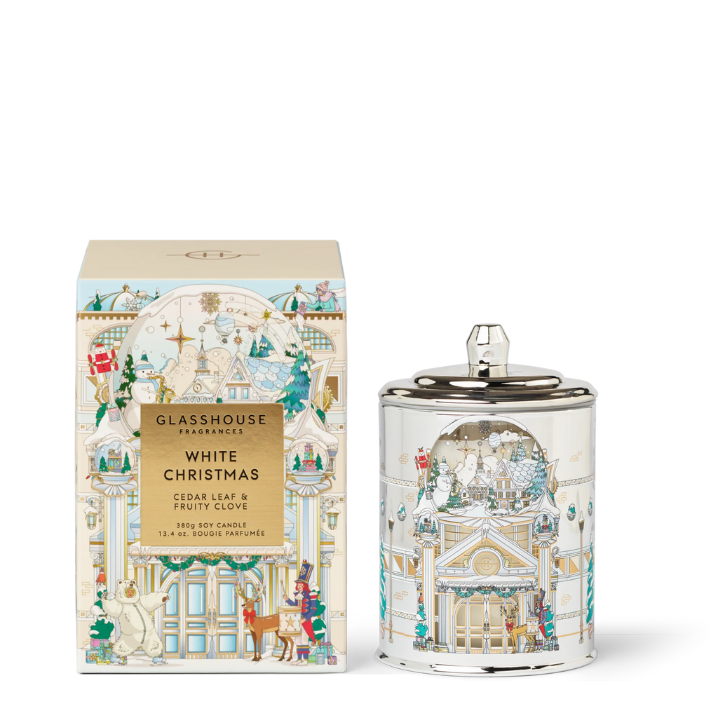 GLASSHOUSE FRAGRANCES WHITE CHRISTMAS CEDAR LEAF & FRUITY CLOVE SOY CANDLE 13.4 OZ