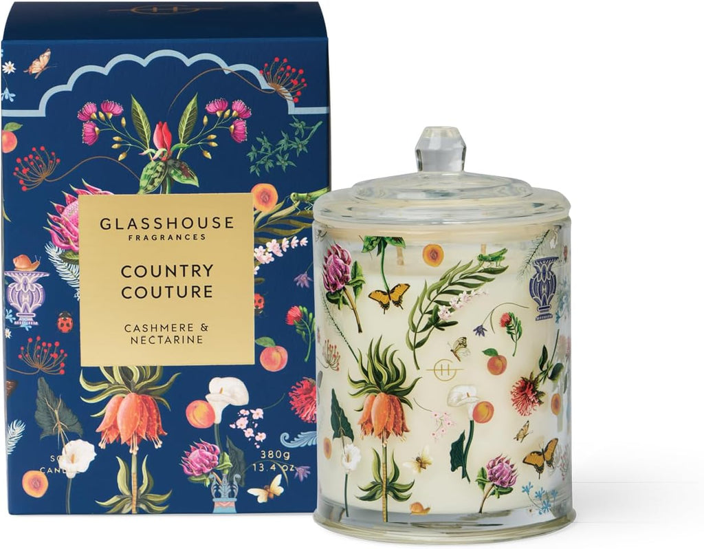 GLASSHOUSE FRAGRANCES COUNTRY COUTURE CASHMERE & NECTARINE CANDLE 13.4 OZ