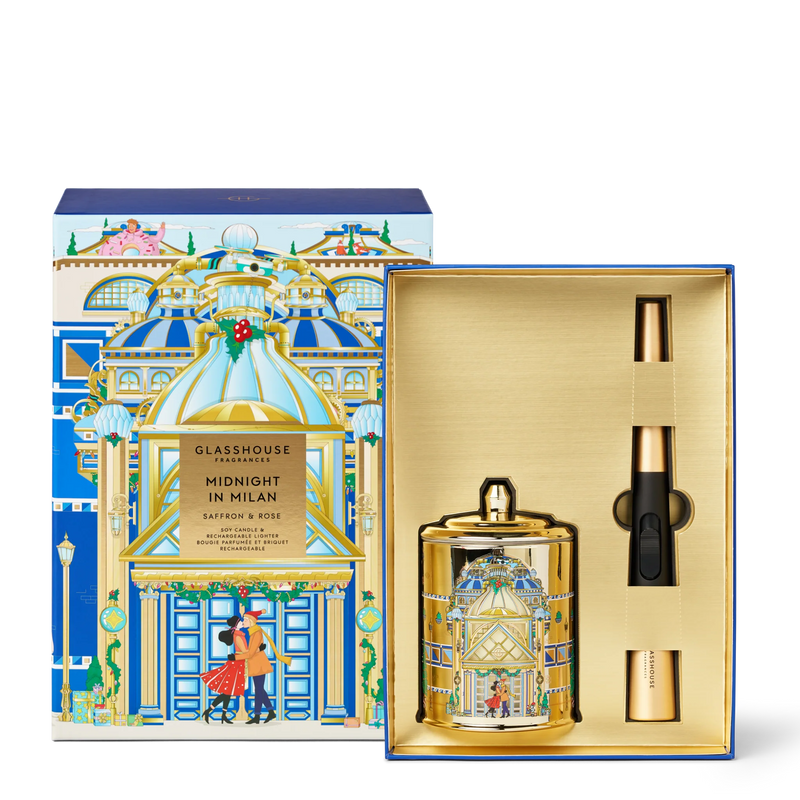GLASSHOUSE FRAGRANCES MIDNIGHT IN MILAN SAFFRON & ROSE SOY CANDLE 13.4 OZ & RECHARGABLE LIGHTER