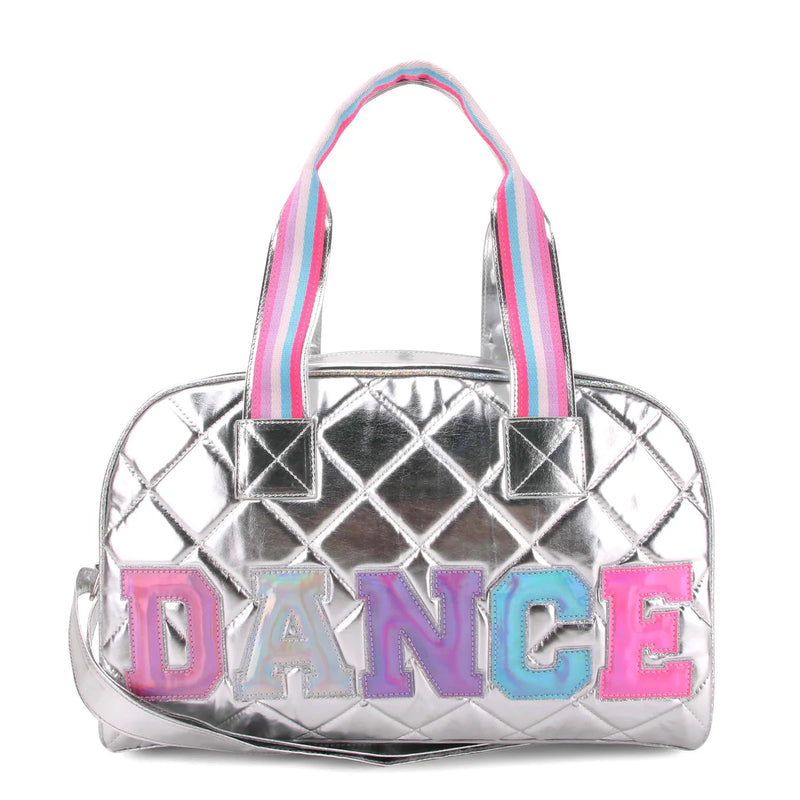 OMG ACCESSORIES "DANCE" QUILTED METALLIC SILVER MEDIUM DUFFLE BAG