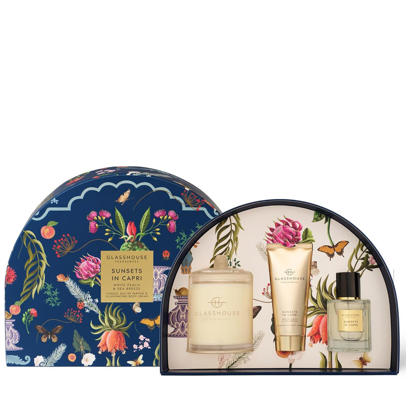 GLASSHOUSE FRAGRANCES SUNSETS IN CAPRI WHITE PEACH & SEA BREEZE GIFT SET